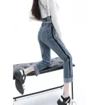 高腰直筒牛仔裤女设计感夏季2024跨境新款撞色九分卷边烟管裤