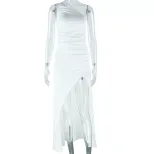Fashionable Solid Color Long Dress Asymmetrical Neckline Sleeveless Side Slit Casual Wear Summer