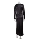 Elegant Solid Color Long Sleeve V Neck Satin Evening Dress Autumn Fashion Perfect for Formal Eve