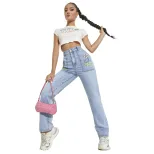 High Waisted Wide Leg Stretch Denim Pants Slim Fit Color Block Design Spring Fall Fashion Wholes