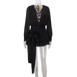 French Style Lace Trimmed Mini Dress Sexy V Neck Long Sleeve Elegant Design Perfect for Autumn E