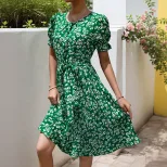 Summer Floral Print Pleated Dress Fresh Design Round Neck Tie Waist Casual Wear for Women OEM Av