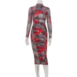 Fashionable Slim Fit Mesh Printed Ruched Bodycon Dress Long Sleeve High Neck Elegant Style Perfe