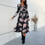 Floral Print Long Sleeve Dress V Neck Autumn Style Elegant Design Wholesale Womens Apparel low M