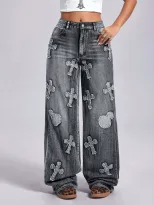 Vintage Embroidered Cross Denim Jeans Womens Straight Leg Retro Style Casual Wear Wholesale Avai