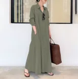 Cotton Linen Long Sleeve Shirt Dress Solid Color Pocket Design Loose Fit Casual Everyday Wear Re