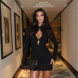 Sexy Womens Bodycon Dress Round Neck Long Sleeve Hollow Chest Design Stylish Metallic Accents Hi