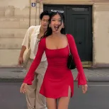 Red A Line Dress Square Neck High Waist Short Length Split Design Spring Summer Casual Wear Whol