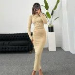 Womens Spring Dress Fashionable Solid Color Long Sleeve Slim Fit Round Neck Perfect for Casual o