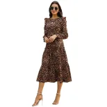 Vintage Leopard Print Ruffle Sleeve Long Sleeve Dress for Women in Apricot Autumn Winter Wholesale low MOQ