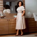 Elegant A Line Dress with Puff Sleeves Round Neck Waist Defined Flowy Skirt Perfect for Parties