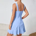 A Line Ruffle Hem Dress Waist Defining Sleeveless Lightweight Fabric Casual Vacation or Resort W