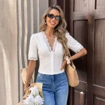 Womens Short Sleeve V Neck Blouse with Lace Trim Floral Design in White for Spring and Summer Wholesale