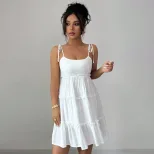 French Style Womens Summer Dress Elegant A Line Lace Up Sleeveless Cake Skirt Perfect for Casual
