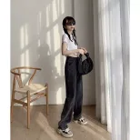 2023春季新款韩版ins复古宽松高腰直筒牛仔裤女百搭显瘦拖地长裤