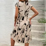 Elegant Abstract Print Pleated Dress Casual Beach Vacation Style Perfect for Summer Events Whole
