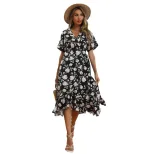 Black Floral Print One Piece Dress Short Sleeve Summer Style Casual Wear Wholesale Available