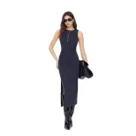 Knot Detail Bodycon Dress Sleeveless Round Neck Side Slit Knitted Fabric Elegant Style Perfect f