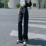 2023春季新款韩版学生调节扣浅色牛仔裤女时尚百搭宽松显瘦直筒裤