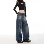 Wide Leg High Waisted Denim Trousers Vintage Style Versatile Design Comfortable Fit Casual Wear