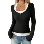 Color Block Long Sleeve T Shirt Slim Fit Milk Silk Fabric Spring Summer Style Wholesale Availabl