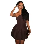 Off Shoulder Pleated Mini Dress Elegant Ruffle Hem Slim Fit Solid Color Fashionable for Parties