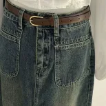 水泥灰开叉设计感牛仔半身裙女秋季高腰中长款a字包臀百搭一步裙