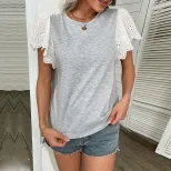 Loose Fit Round Neck Short Sleeve Top Stylish Color Block Design Casual Wear for Women Wholesale