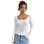 Slim Fit Long Sleeve T Shirt Square Neck Solid Color Casual Style Spring Summer Collection Whole