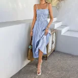 Light Blue A Line Midi Dress for Women Adjustable Straps Flowy Skirt French Style Perfect for Ca