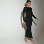 Elegant Midi Dress Sexy Backless Design Round Neck Long Sleeve Autumn Winter Fashion Wholesale A