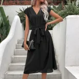 Elegant Black V Neck Dress Minimalist Style Versatile Fit Summer Fashion Wholesale Available