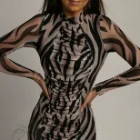 Fashionable Slim Fit Mesh Printed Ruched Bodycon Dress Long Sleeve High Neck Elegant Style Perfe