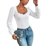 Womens V Neck Puff Sleeve T Shirt Slim Fit Lace Trim Fashionable Versatile Spring Summer Style W