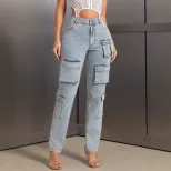 Womens Cargo Denim Trousers Multi Pocket Design Casual Style Comfortable Fit Perfect for Everyda