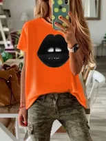 Plus Size Womens Black Short Sleeve T Shirt Lips Print Round Neck Fitted Style Casual Wear Whole