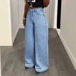 Wide Leg High Waisted Denim Trousers Vintage Style Loose Fit Versatile Design Casual Wear for Wo