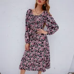 Vintage Floral Puff Sleeve Backless Dress Square Neck Autumn Collection Elegant Style Wholesale