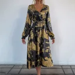 Vintage Party Dress V Neck Long Sleeve Gold Foil Detail Elegant Style for Special Occasions Whol
