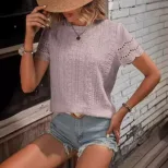 Casual Short Sleeve V Neck Shirt Summer Ready Solid Color Pleated Design Embroidered Details Who