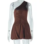 Off Shoulder Pleated Mini Dress Elegant Ruffle Hem Slim Fit Solid Color Fashionable for Parties