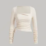 Womens Long Sleeve T Shirt Drawstring Ruched Slim Fit Stretch Fabric Square Neck Casual Wear Who
