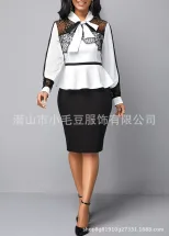 Lace Panel Color Block High Waist Slim Fit Womens Career Dress Elegant Design Versatile Style Su