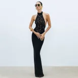 Elegant Sleeveless Lace Trimmed Bodycon Dress Hollow Out Design Red Carpet Style Perfect for Eve