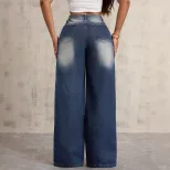 Vintage Embroidered Wide Leg Jeans Loose Fit Casual Style Womens Fashion Wholesale Available