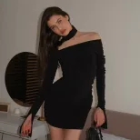 Off Shoulder Bodycon Dress Solid Color Long Sleeve Stylish Design Evening Wear or Party Dress Wh