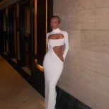 Elegant High Neck Long Sleeve Bodycon Dress Hollow Out Design Solid Color Slim Fit Perfect for E