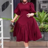 Plus Size Fashion Dress Ruffled Design Puff Sleeves Trendy Style Suitable for Casual Occasions W
