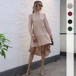 Plus Size Long Sleeve High Neck Dress in Solid Colors Khaki Green Red Black for Casual Wear Wholesale
