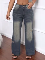 Womens Distressed Wide Leg Jeans Straight Cut Ripped Design Casual Style Wholesale Available